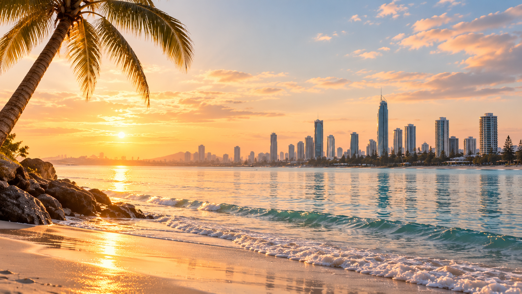 Gold Coast skyline at golden hour viewed from the beach